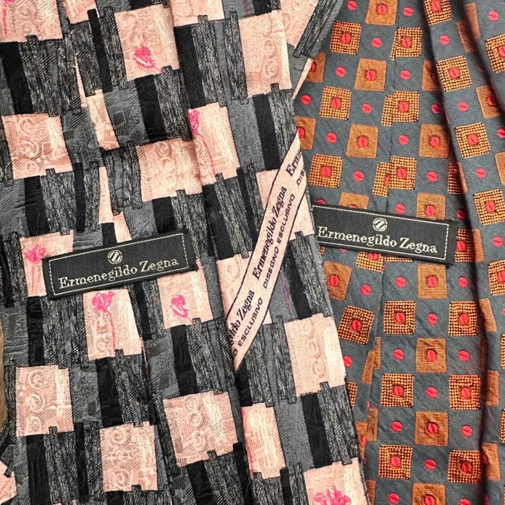 Ermenegildo Zegna Silk Necktie Lot 2 Mens‎ Geometric Abstract Blue Pink Italy